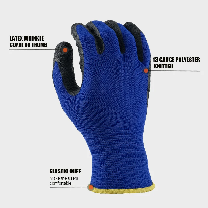 Gardening Nylon Knit industrial Palm Coated 15 gauge Anti Slip Crinkle Latex Protection Safety Work Gloves