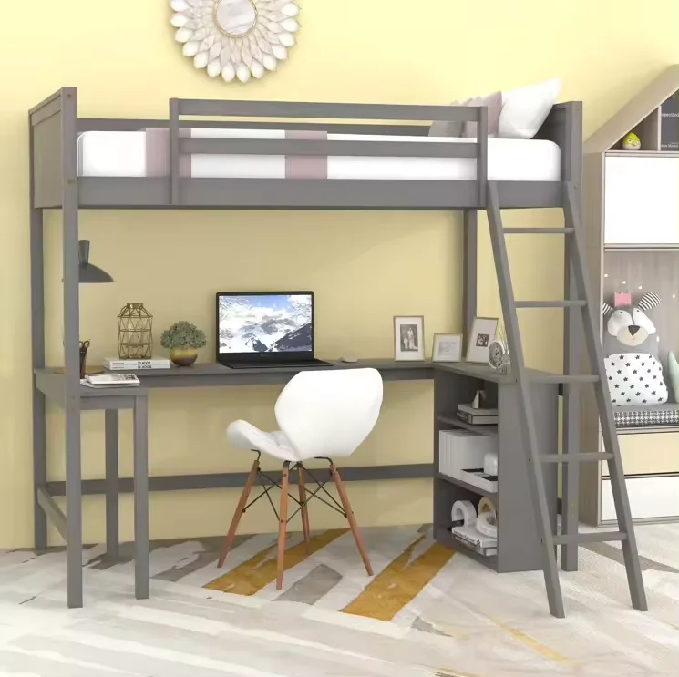 Twin Loft Bed with Built-in-Desk and Storage Side Cabinet Children Wooden Bunk Bed Kids Bunk Bed