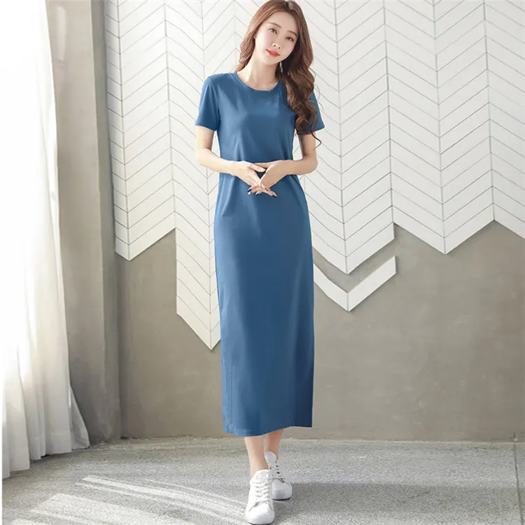 Factory  OEM Korean Summer Cotton Long T-Shirts Dress Casual Blank Soft Shirt Sleeve Baggy Split Maxi T Shirt Dresses For Women