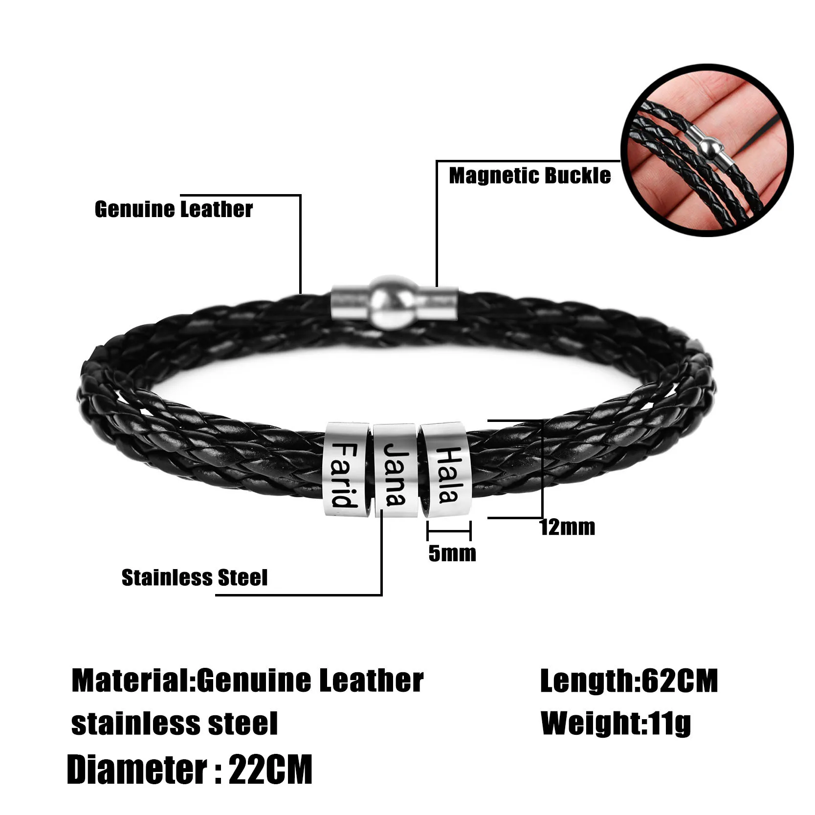 Modalen Stainless Steel Family Braided Personalized Engraved Name Men Custom Leather Man Bracelets