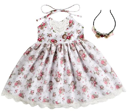 Fashion Dress Kids Party Dress Baby Girl Cotton American Style Dress Children Mini Lace Sleeveless Floral Support Rand Roll Neck
