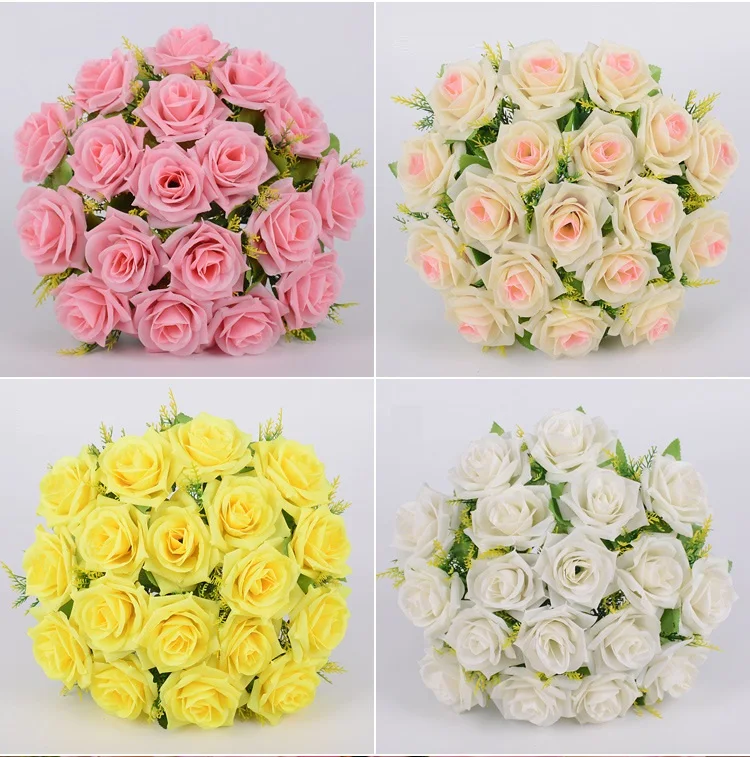 Wholesale 18 Head Premium Large Artificial Rose Bouquet Fake Silk Rose Flowers For Bridal Wedding