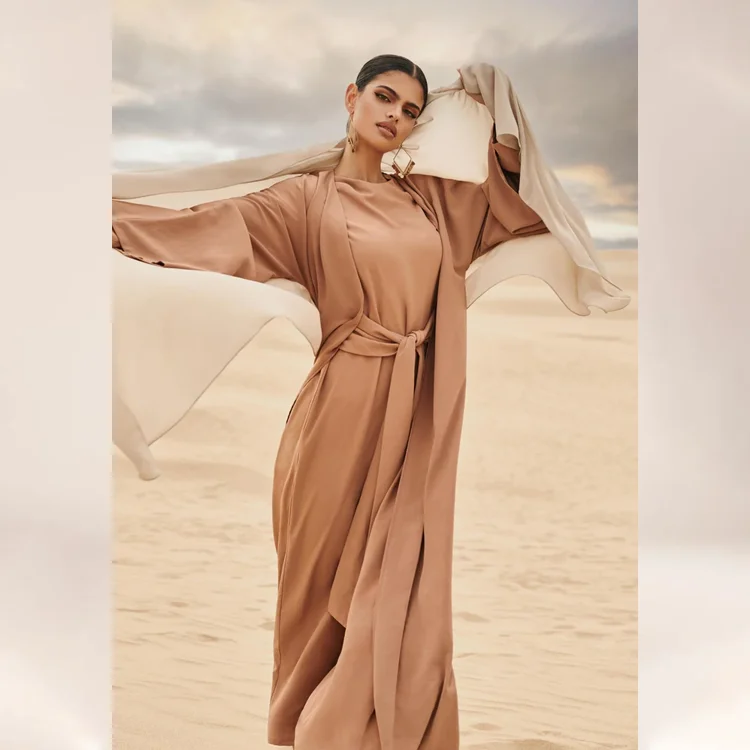 Two piece set islamic clothing solid color muslim dress for women long dress with long sleeve open abaya muslim dress