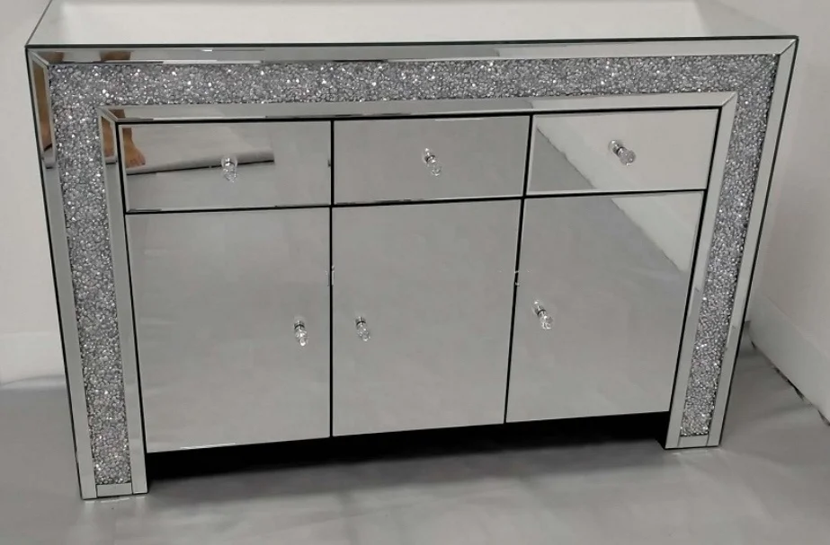 Home Dining Room Kitchen Cabinet Sideboard Mirrored Buffet Decorative Storage Modern Foshan Factory Customized 3-door 3-drawer