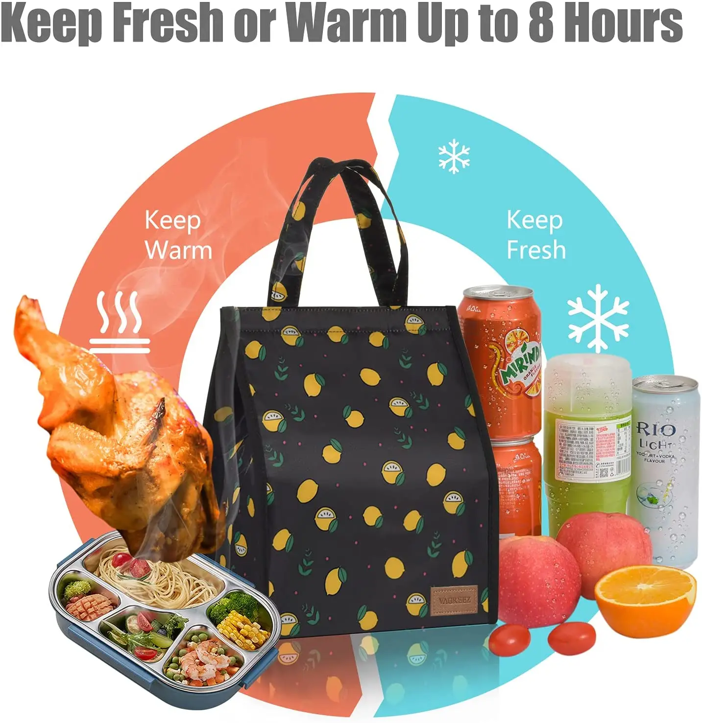 Lunch Bag, Insulated Lunch Bag Large Waterproof Adult Lunch Tote Bag For Women Men, Black Lemon
