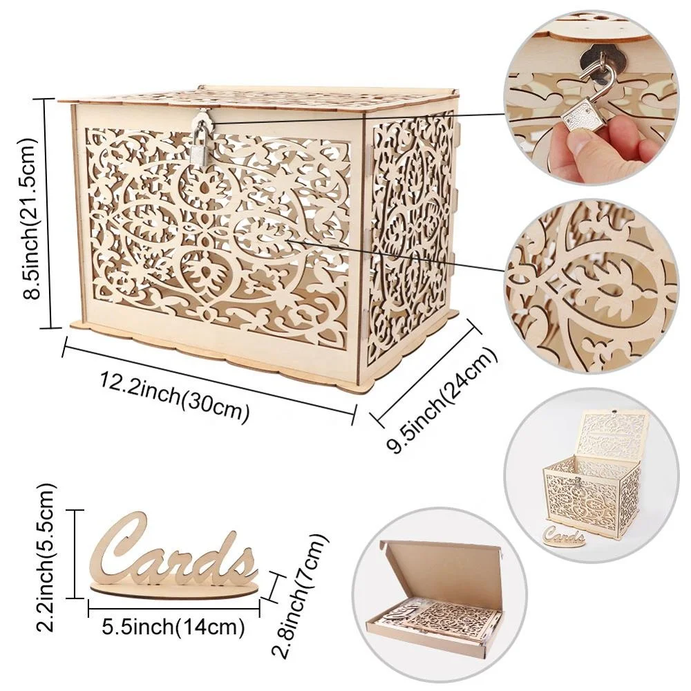 Wholesale Creative DIY Wedding Gift Card Box Wooden Money Box with Lock and Key