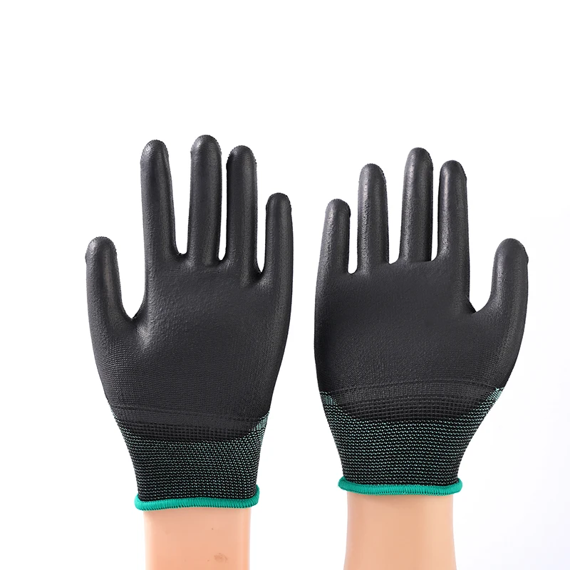 Smooth Pu Palm And Top Pu Coated Gloves Knitted Black Nylon Pu Coated Gloves Work