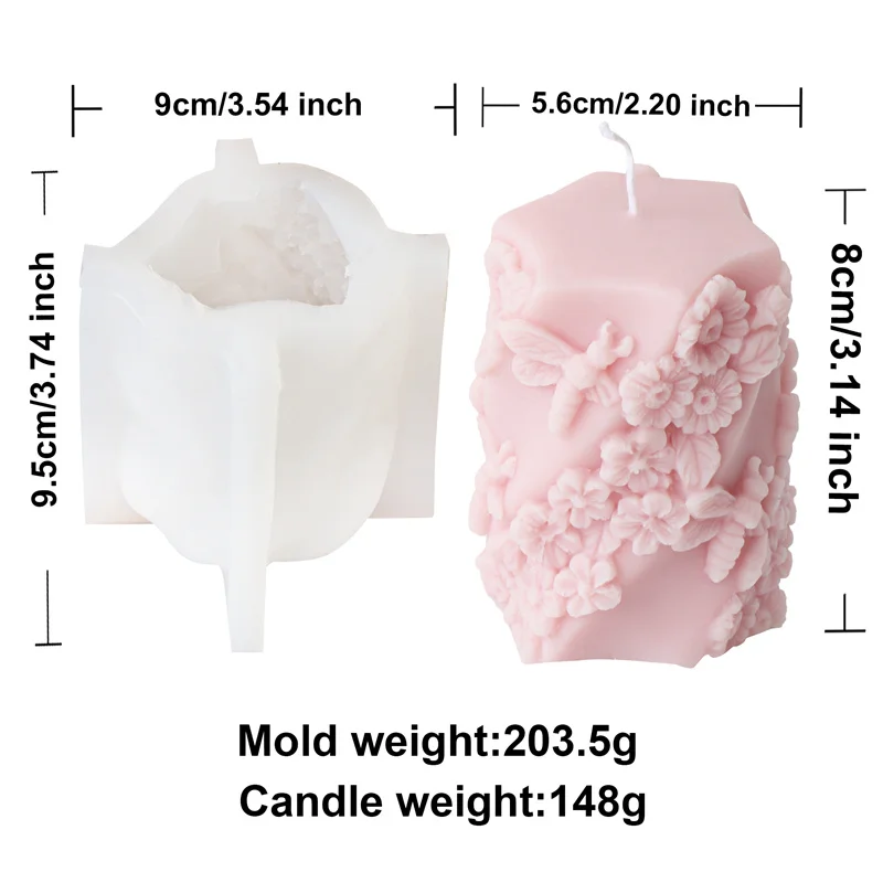 3D Relief Bees Cylindrical Floral Pillar Candle Silicone Mold DIY Geometric Twisted Leafed Rose Twisted Column DIY Gift Decor