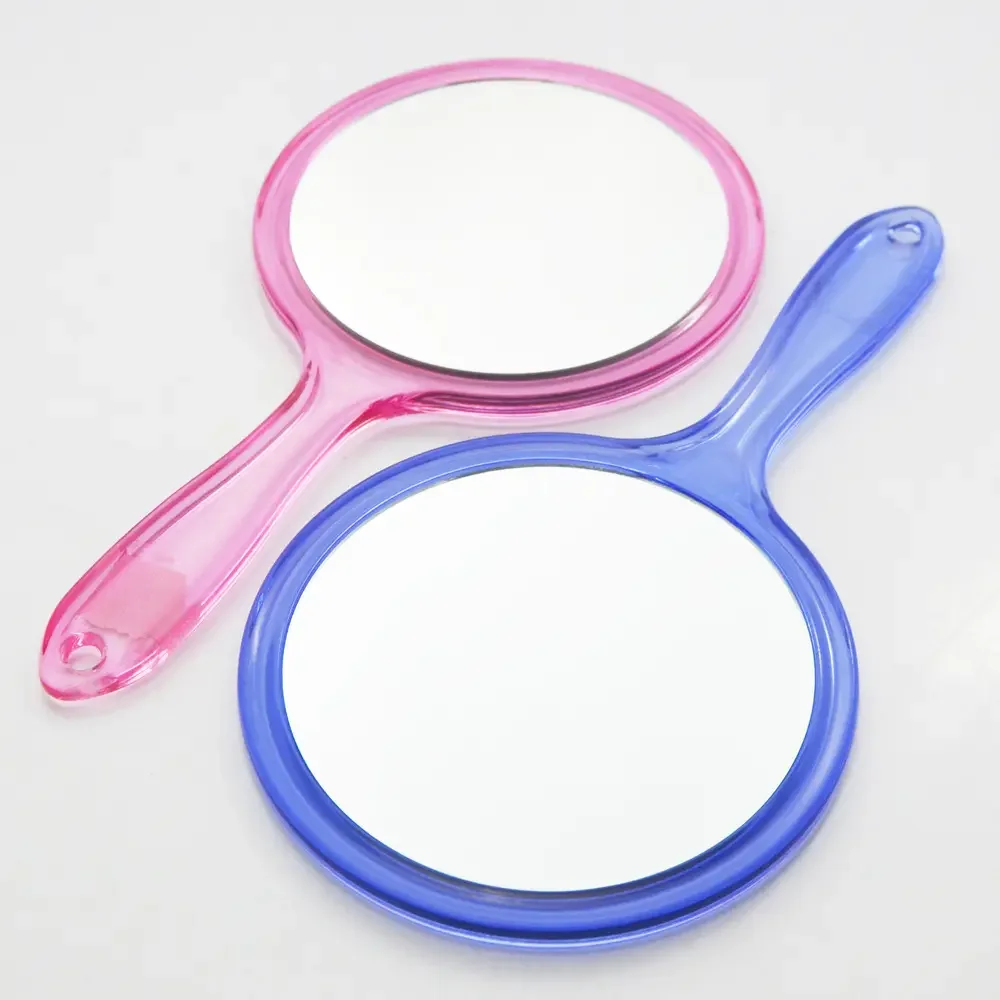 Factory Direct Sales HD Double Side Round Sided/handheld Handle Portable Magnify Plastic Lady Makeup Mirror for Bathroom