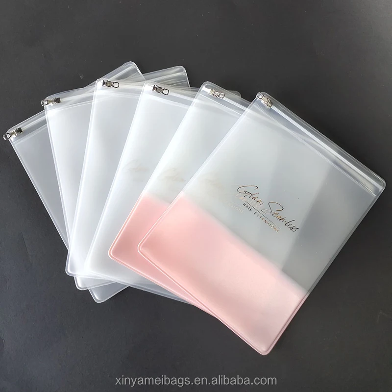 custom reusable recycled BPA free thick eva made hot stamping silver foil logo hair extension packaging bags with zip