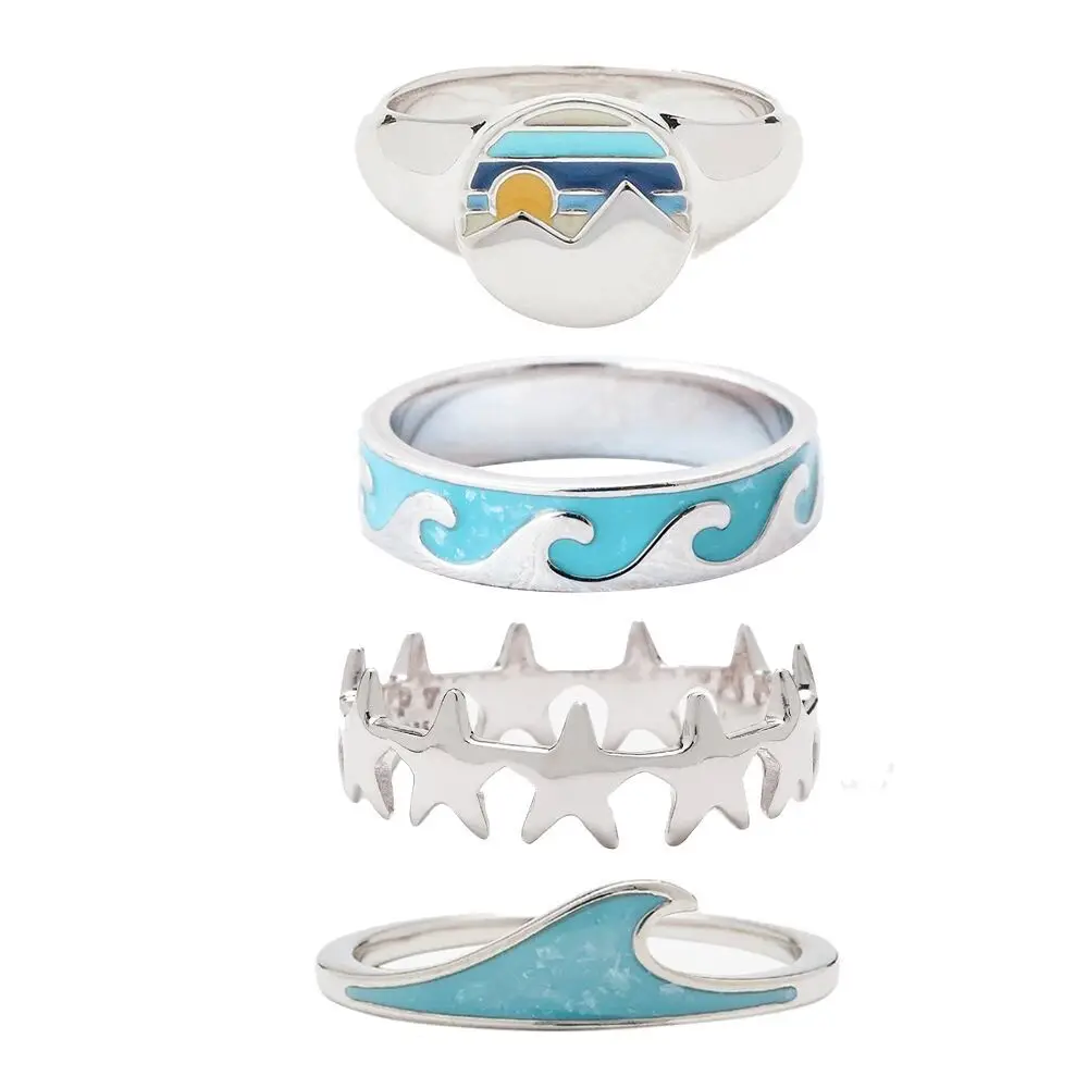 Creative Design Silver Free Size Finger Rings Cute Sky Blue Enamel Ocean Sea Wave  Rings Set For Women