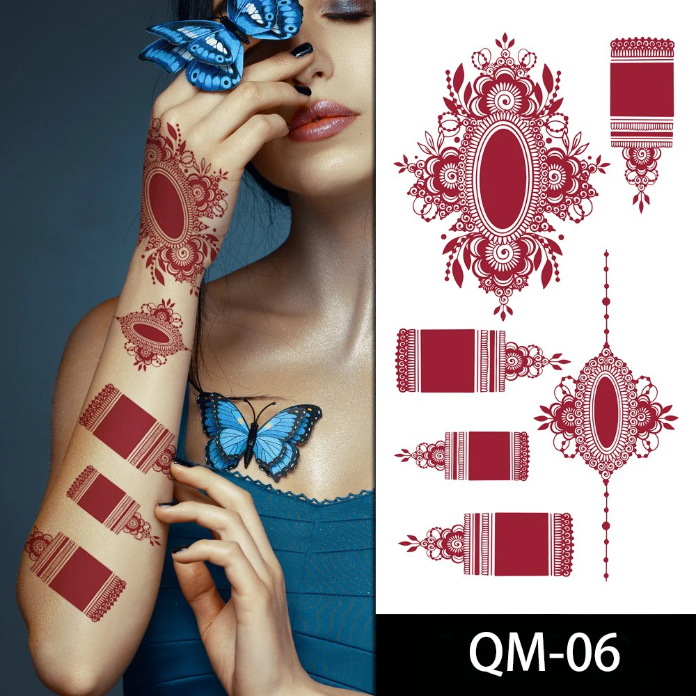 Disposable Waterproof Henna Tattoo Sticker with Vermilion Lace Temporary Body Color for Hand & Party Use Made of Paper