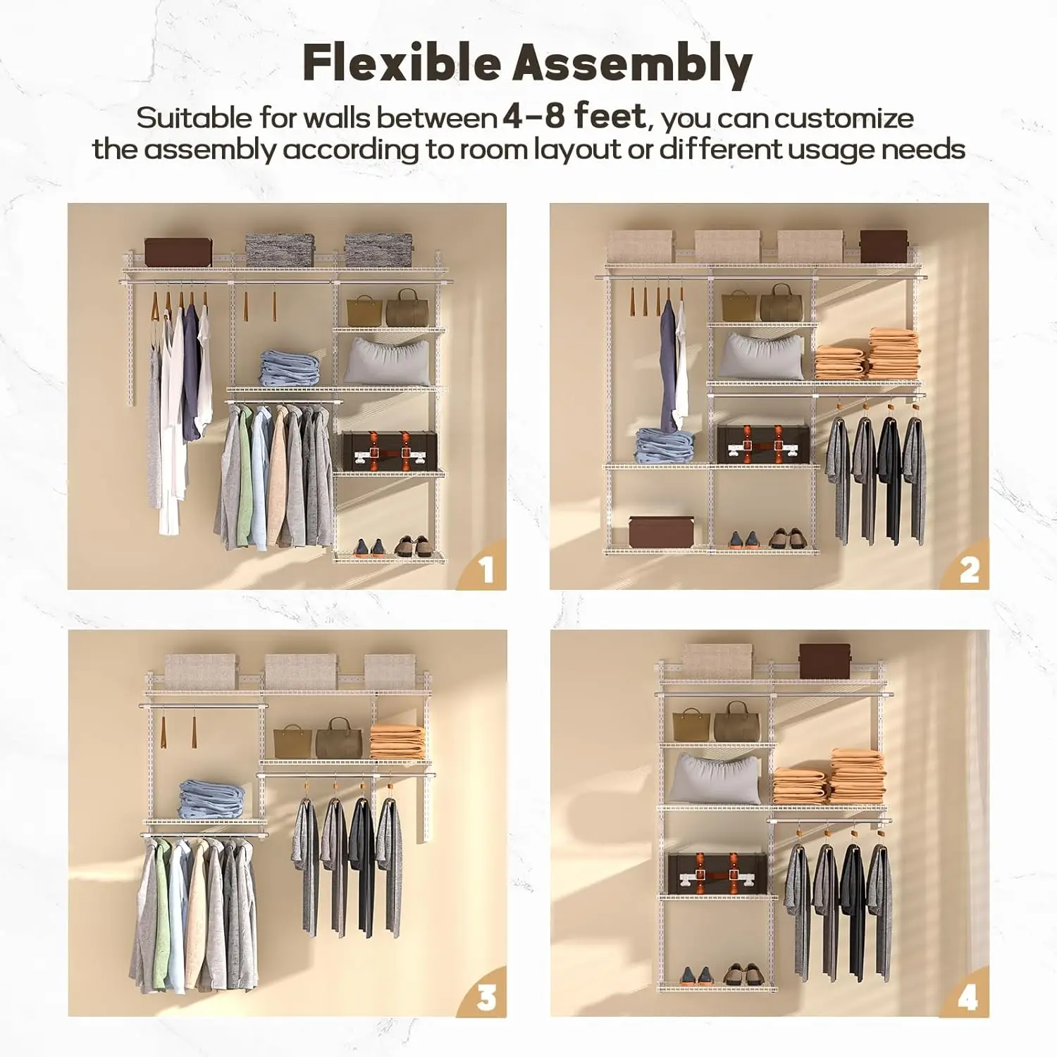 Wall Mounted 4-8 Feet Adjustable & Expandable Metal Wardrobe Walking Wire Hanging Clothes Rack Open Closet Storage Organization