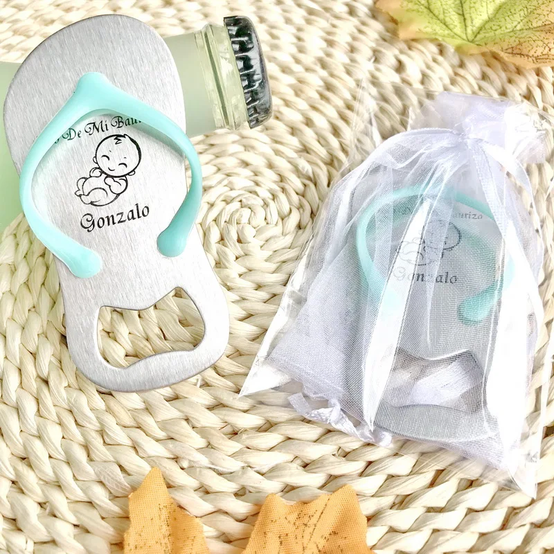 
Personalized Wedding Favors Flip Flop Beer Bottle Opener Slipper Beer Opener Print Names + White Organza Bag 