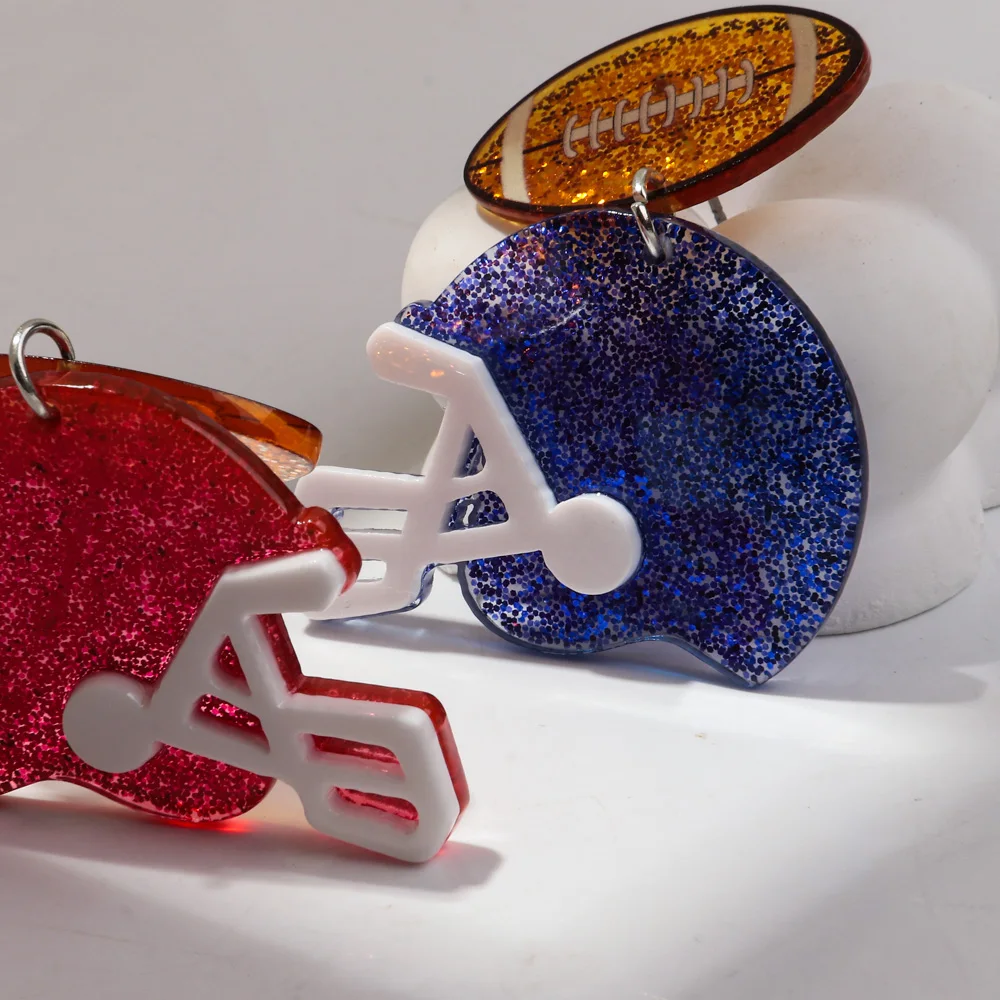 Sport Style Creative Asymmetrical Rugby Red Blue Glitter Football Player Hat Helmet American Football Acrylic Drop Earrings