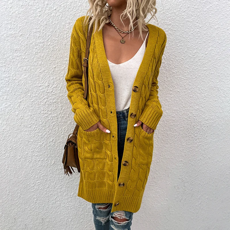 Baggy Cardigan Knitwear 2021 Winter Fashion Front Button Yellow Cable Long Style Knitted Cardigan Sweater Coat For Women