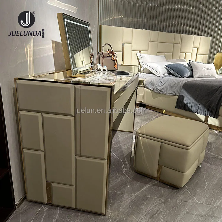 Italian Luxury White Brown Simple Dressing Table Designs Upholstered Makeup Vanity Table Set Dressing Table With Led Mirror