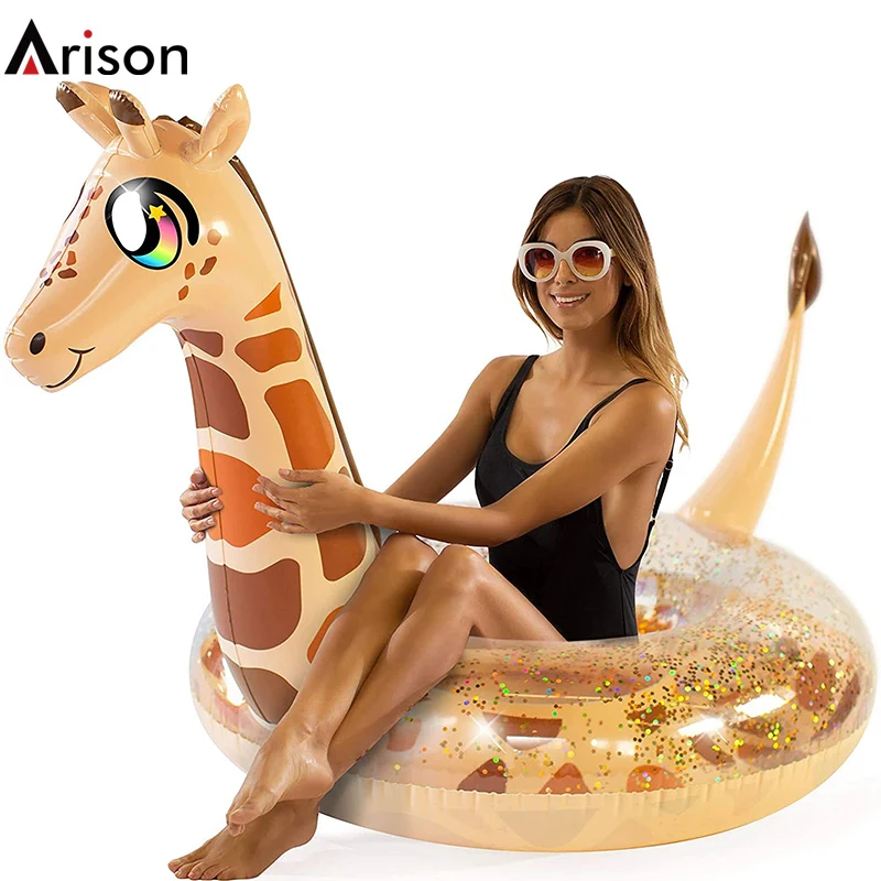 Durable thick PVC inflatable giraffe swim tube inflatable animal swim ring 3D animal swim tube toy customizable