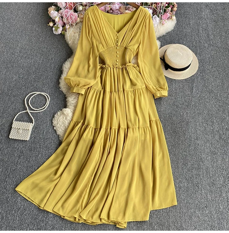 D9787  New 2023 Autumn V Neck Long Sleeve Slim Waist Patchwork Midi Dress Women Dresses Clothing Wholesale 10