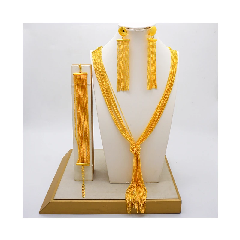 Dubai long necklace set 24K Dubai Gold African Style 4pcs Jewelry Set