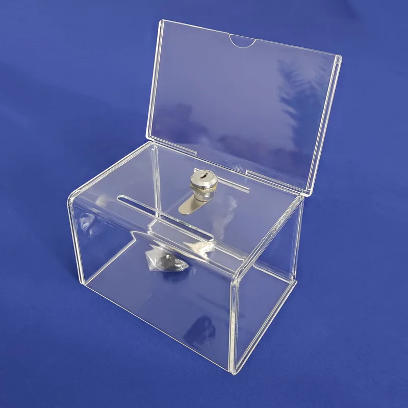 Clear Acrylic Donation Box with Sign Tag Lucite Suggestion Box with Top Lock Perspex Charity Collection Box Coin Bin