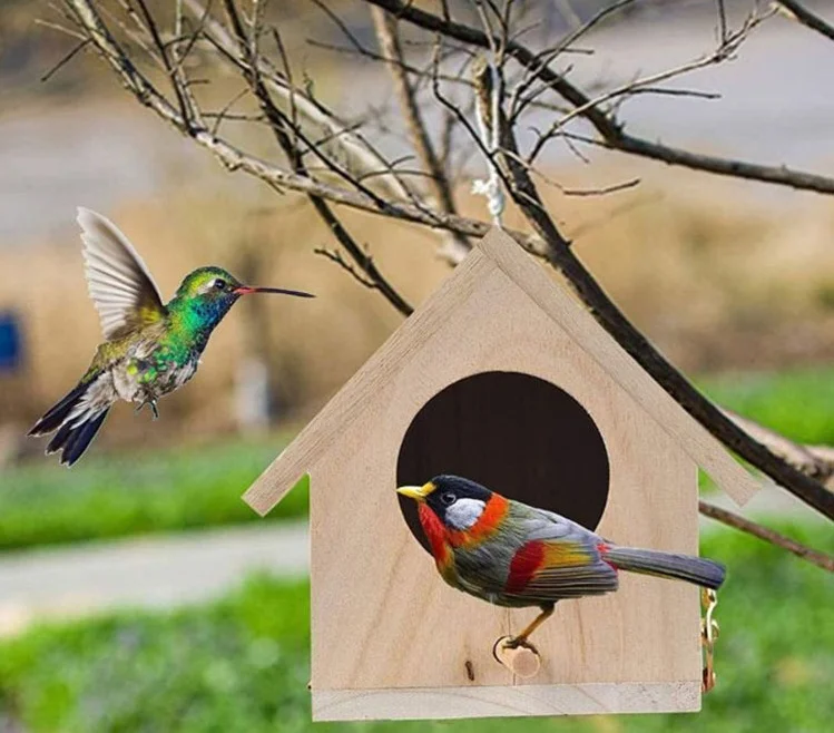 Creative wooden parrot living house bird nest idyllic bird cage feeder garden decoration pendant birdhouse aviary