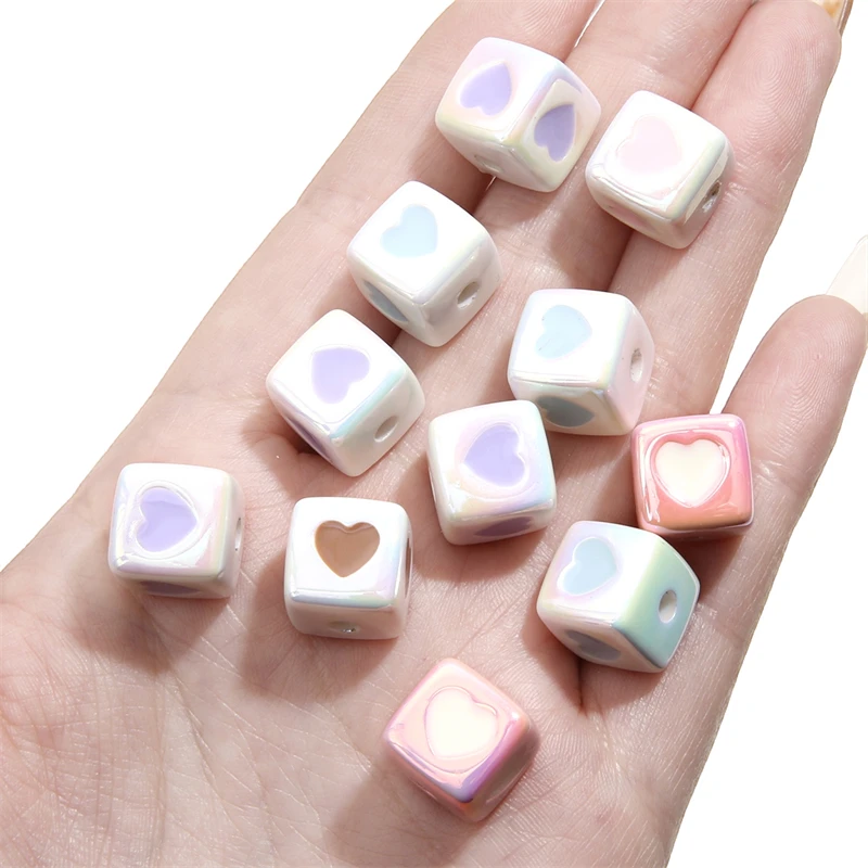Factory Wholesale 12mm Cute Square Acrylic Colorful Heart Beads Loose UV Cube Beaded For DIY Jewelry Bracelet Phone Chain Making