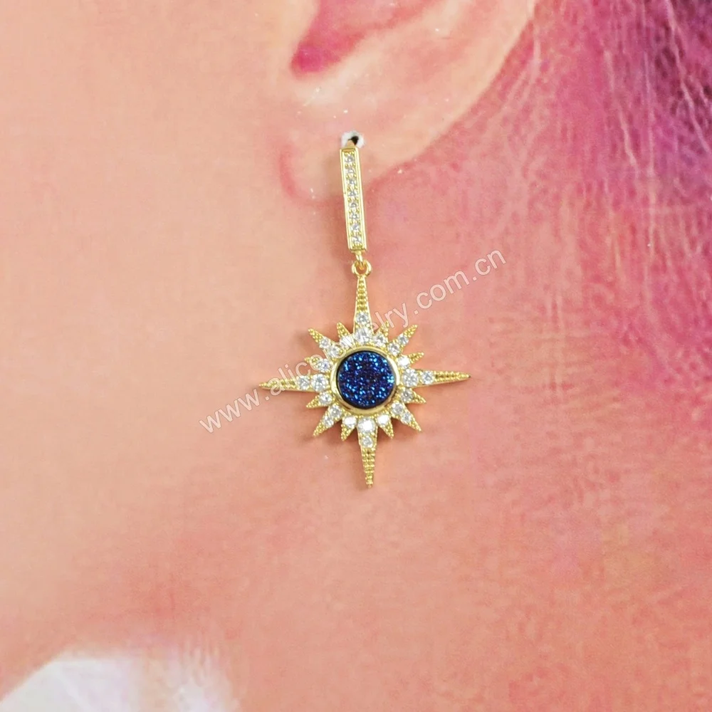 ZG0385 druzy earrings dangle sun earrings gold hoop earrings