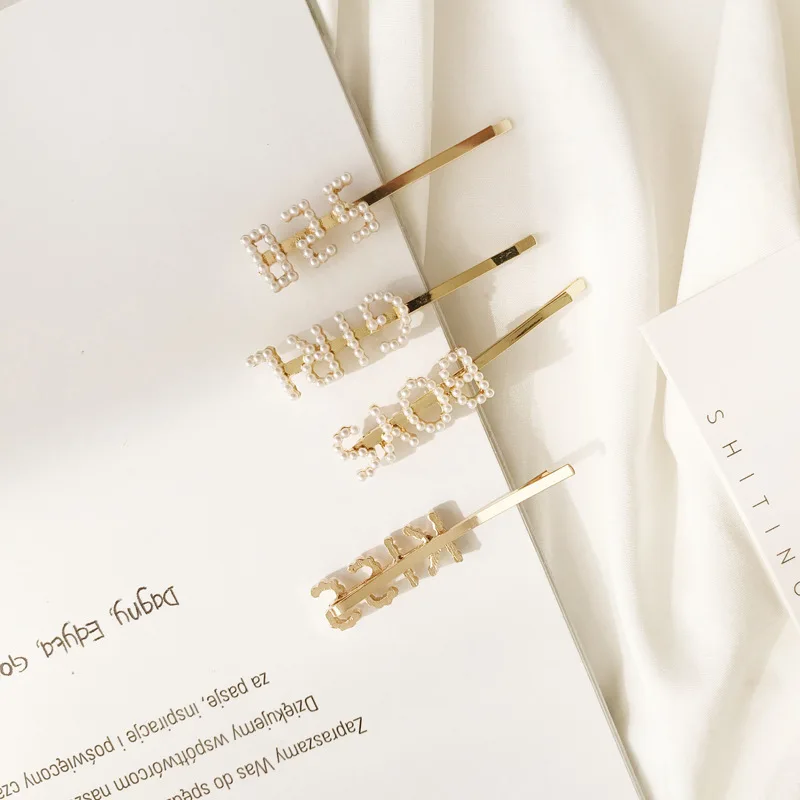 Fashion customizable letter pearl hair pin smiley face LOVE BOYS GIRL KISS 520 hairpin word clip bangs clip wholesale
