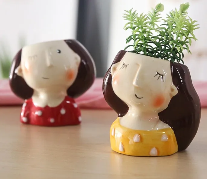 mini ceramic bust girl face vase plant flower pot girl