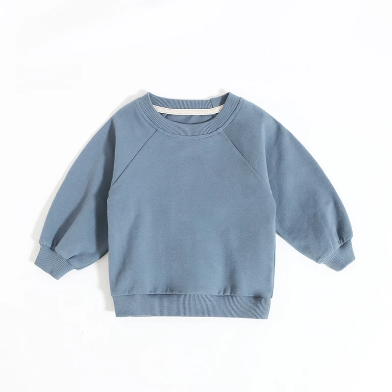 Custom Embroidery Organic Cotton Autumn Kid Top Long Sleeve Plain Round Neck Soft Knitted Terry Children Boy Sweatshirt Hoodie