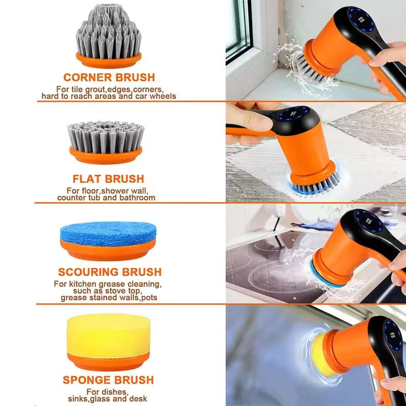 Electric Spin Scrubber Cordless Cleaning Brush with 4 Replaceable Brush Heads 2 Speeds and Battery Level Display Power Scrubber