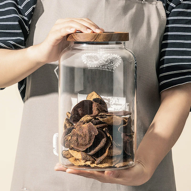 Большой стеклянный контейнер для хранения объемом 3 л, герметичный прозрачный резервуар для чая, сушеная бутылка для хранения мандарина с деревянным покрытием