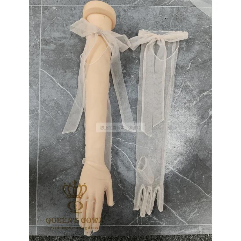 QUEENSGOWN Simple Elegant tulle women gloves long plain pink tulle wedding gloves mesh bride dress accessory
