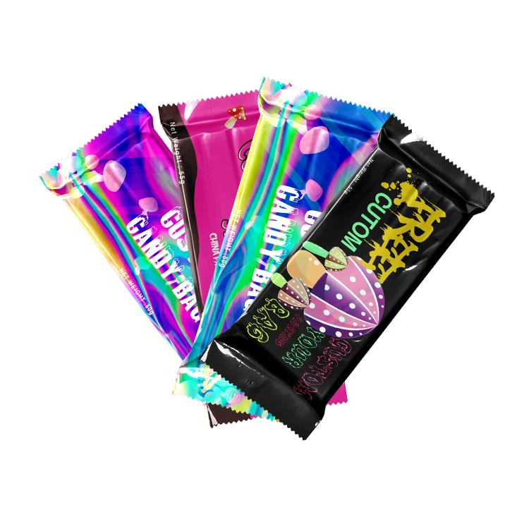 Custom heat seal back side seal candy nut protein energy mushroom chocolate bar wrapper packaging bags for pillow