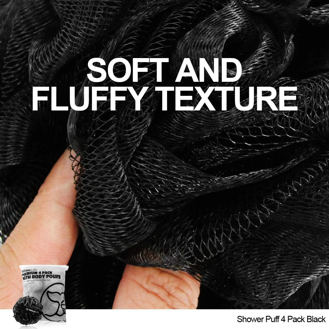 Shower Puff 4 Pack Black Bath Sponge Shower Loofahs, Ramie Hemp Mesh Sisal Bath Body Puff Pouf Shower Exfoliating Loofah Sponge