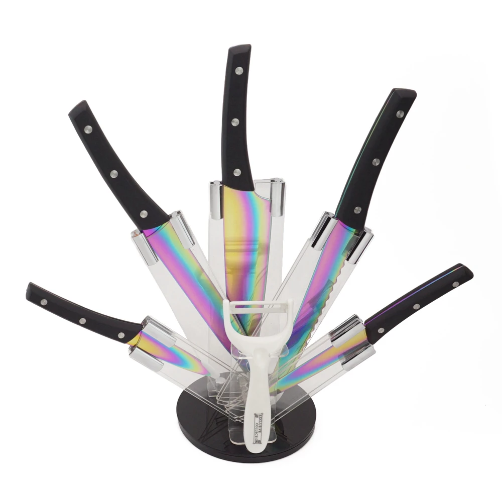 6-Pieces Kitchen Knife Set With Rainbow-Finished Titanium Coating Blade Pack In A Acrylic Block