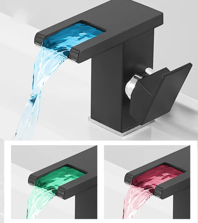 cUPC Bathroom Sink Faucets Full Copper Black Vanity Waterfall LED Light Basin Faucet Water Temperature Sensor Faucet