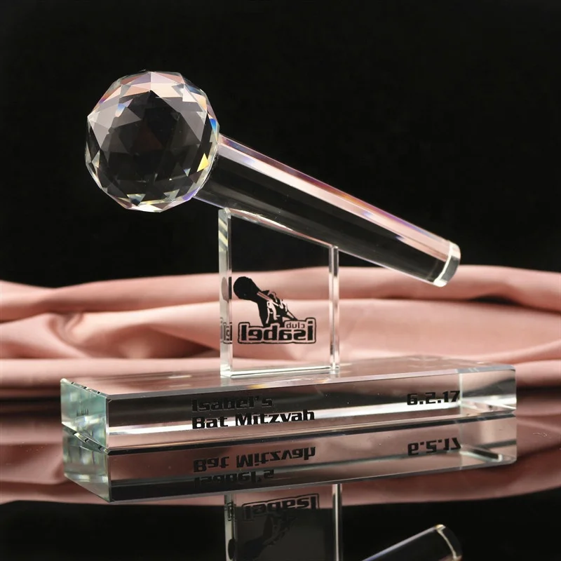 K9 crystal material trophy award factory professional custom logo crystal microphone trophy award plaque crystal