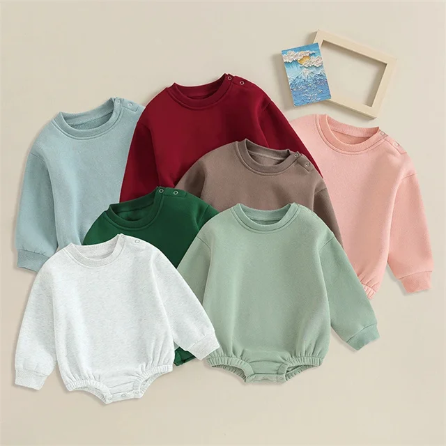 OEM DOM Autumn Boys Girls Kids Clothes Solid Color Warm Long Sleeve Infant Baby Fleece Sweatshirts Bubble Rompers