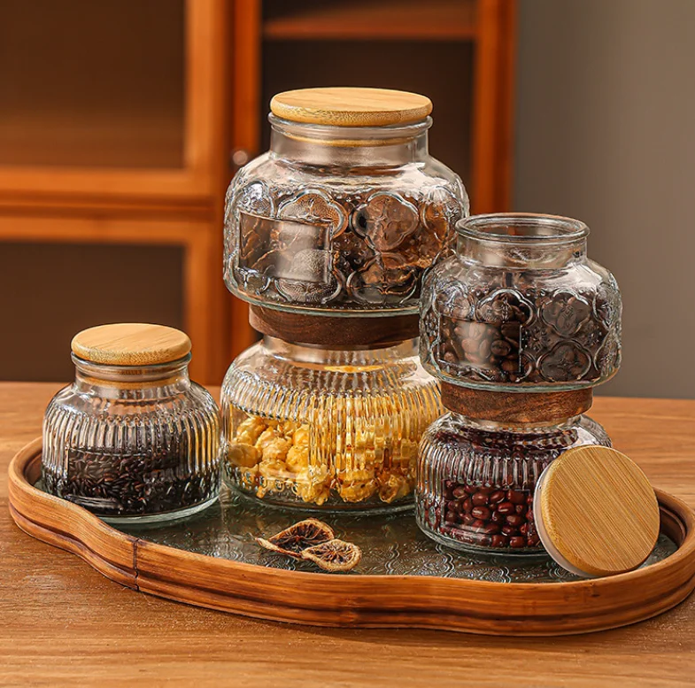 Transparent glass tea jar Household vintage pattern sealed jar Snack candy storage jar 260ml350ml750ml bamboo cover wooden cover