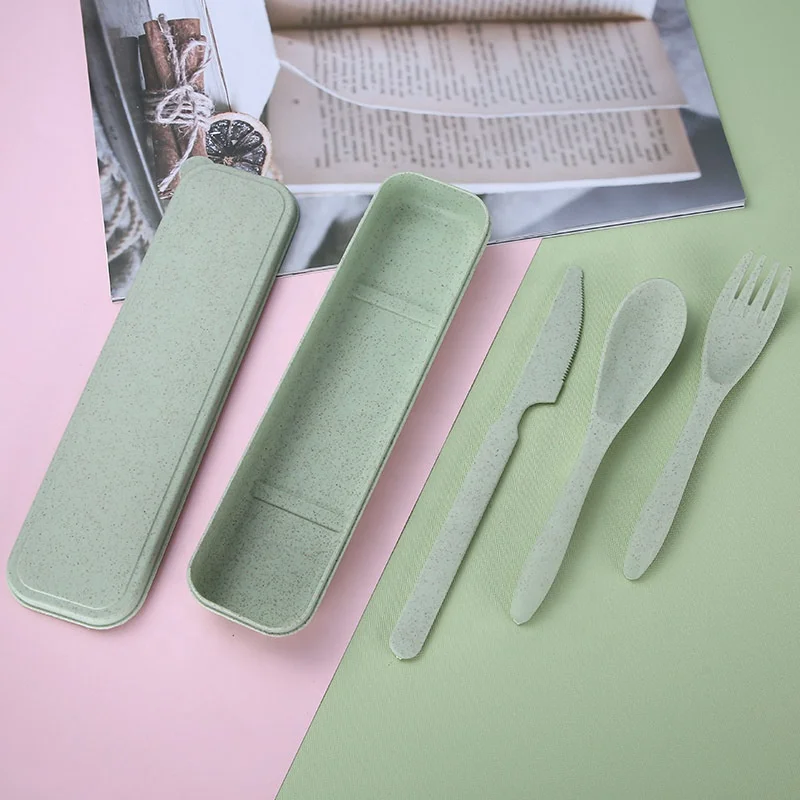 Portable wheat spoon and fork knife reusable wheat straw fiber plastic cutlery with case