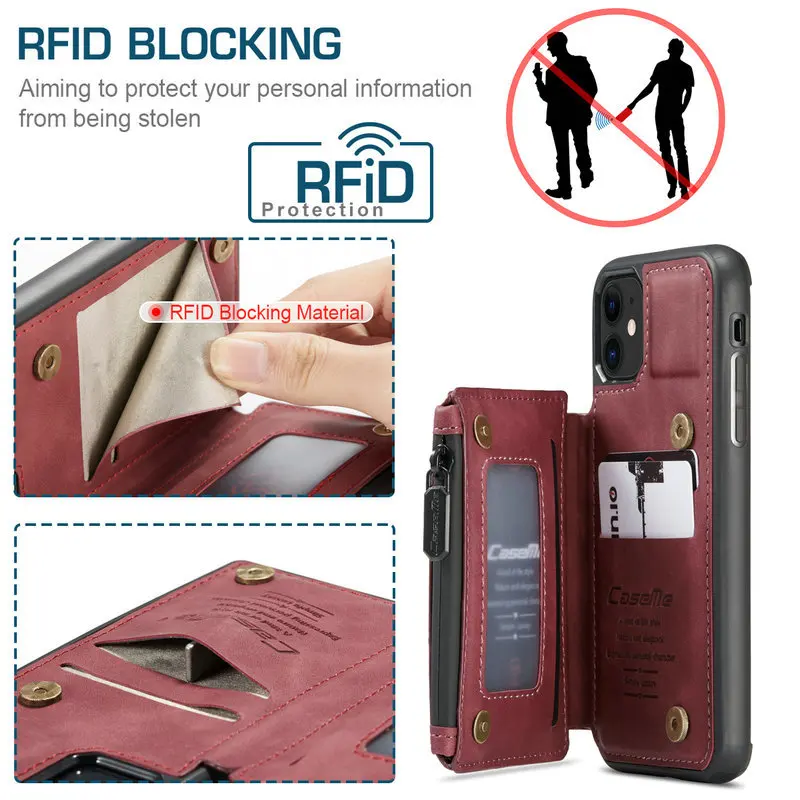 Mobile Phone & Accessories For iphone 12 11 Pro XS Max XR 7 8 Plus Leather Flip Phone Case Redmi Note 9 pro With RFID Zipper Cr