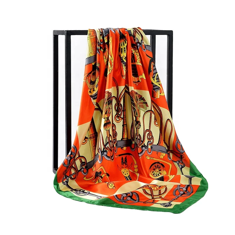 2020 New Muslim 90cm Printed Imitation Silk Satin Hijab Scarf