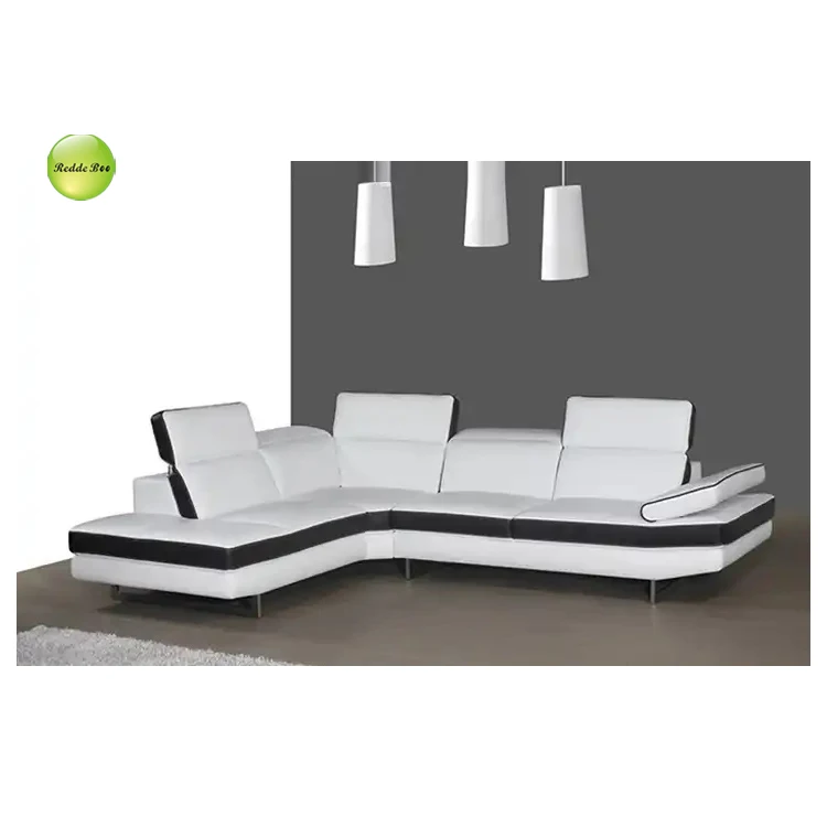Italian Design Luxury Black And White Lounge Sectional Long Leather Left Shape Sofa Set Living Room Sofa