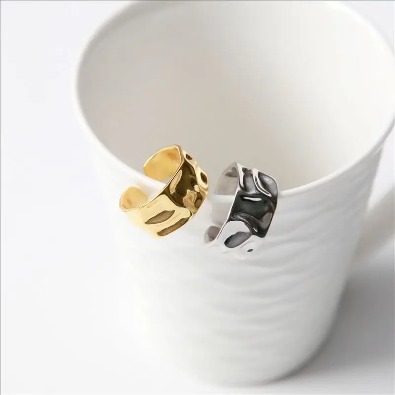 MAXERY 925 Sterling Silver Irregular Wave Open Ring Hip Hops Gold Filled Wide Textured Lava Finger Ring