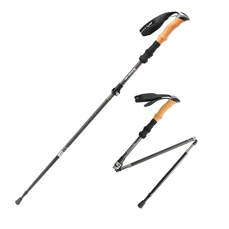 RTS Customized stylish Outdoor 4-Section retractable foldable 3k carbon fiber  Hiking trekking poles walking sticks