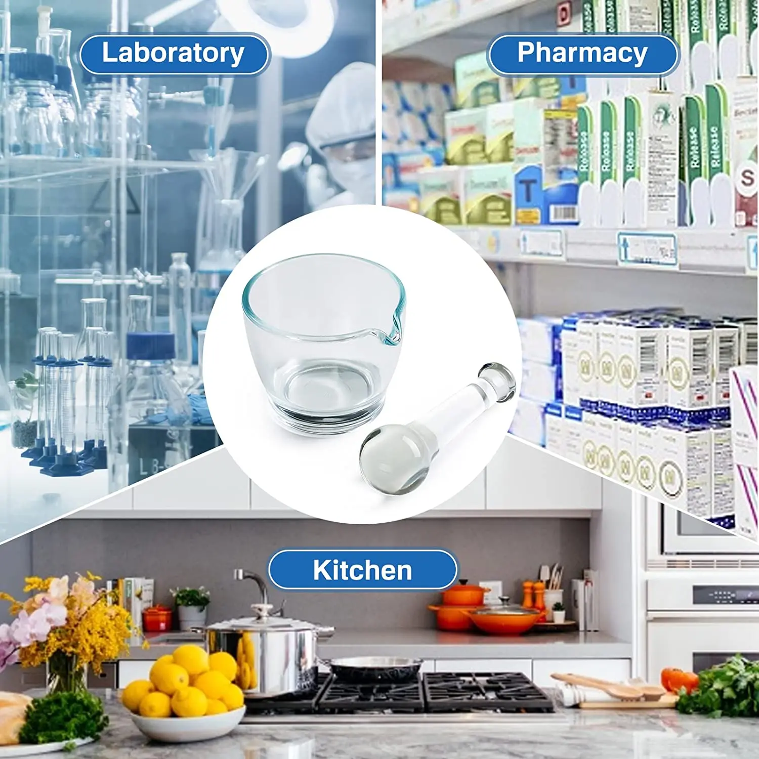 Kitchen Glass Mortar and Pestle Bowl Medicine Grinder and Mixer for Pharmacy or Science Lab