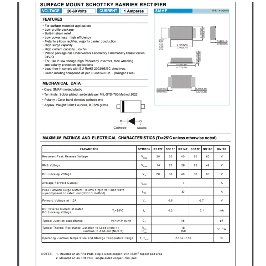 SS14F 40V 1A  SMAF Schottky Barrier Rectifier SMD Diodes Surface Mount SS14F Diodes