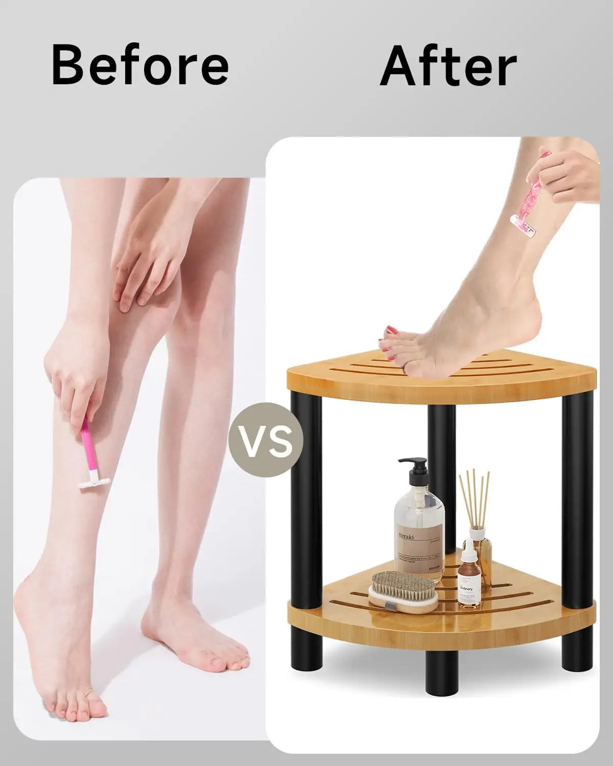 Metal and Bamboo Corner Shower Stool for Shaving Legs, Shower Benches for Inside Shower, Bathroom Seat and Foot Rest